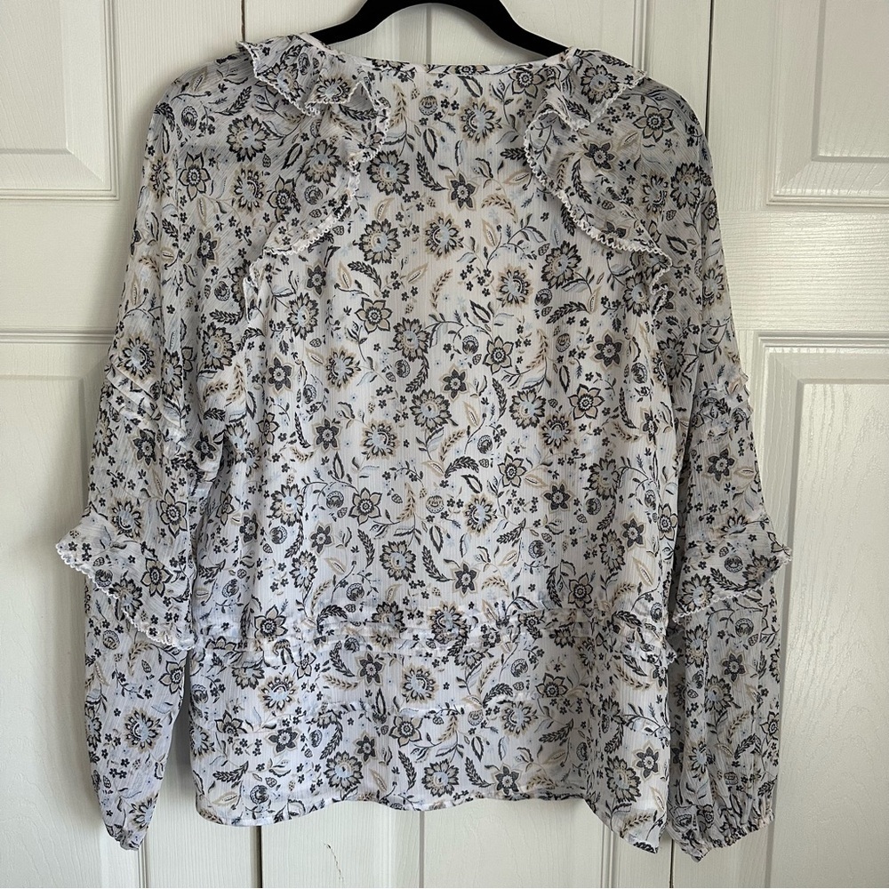 Ann Taylor Womens S Puff Sleeve Semi Sheer Ruffle Floral Top Boho Cottagecore - Picture 4 of 14